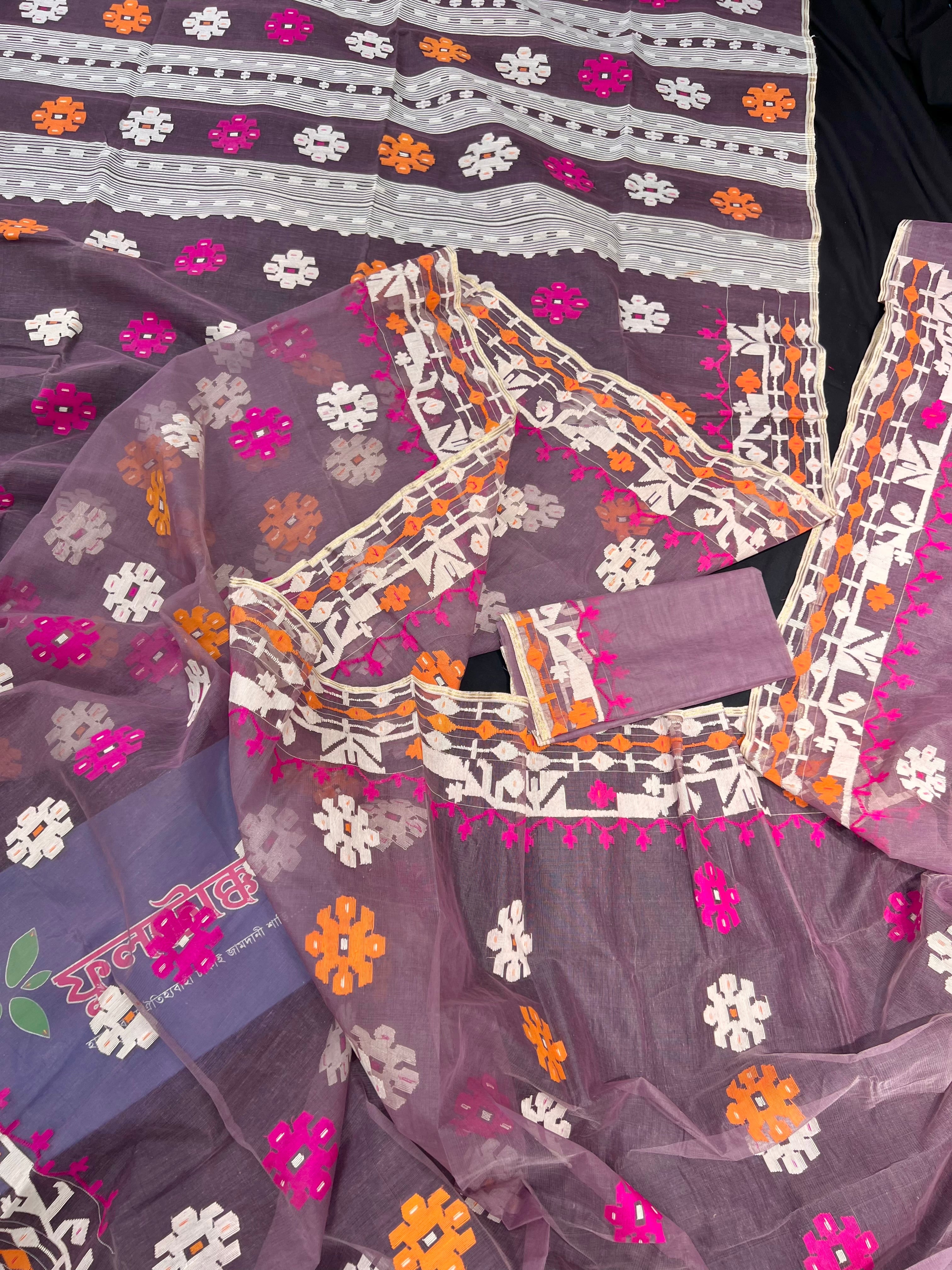 Onion pink halfsilk jamdani saree with pink orange white threads work