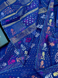 Blue jamdani saree with golden silver & copper jori work also pink jori work