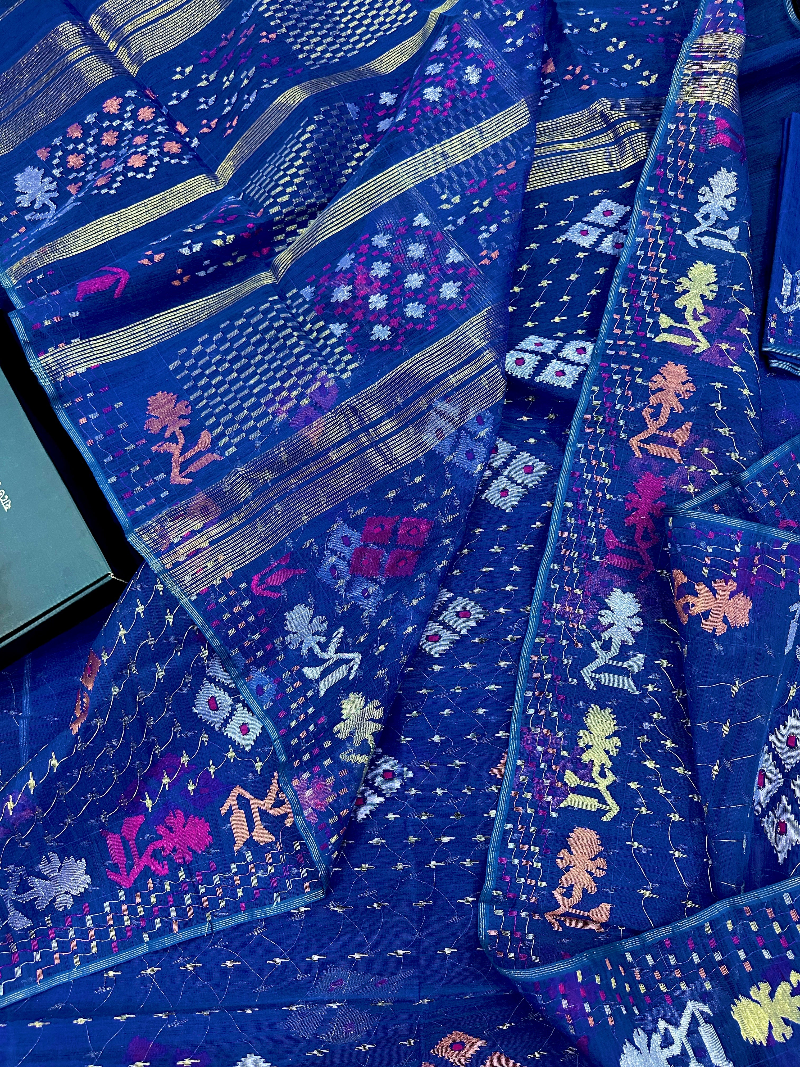 Blue jamdani saree with golden silver & copper jori work also pink jori work
