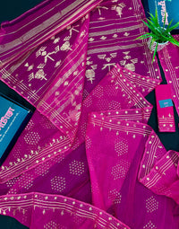 Magenta jamdani saree with golden jori work all over work and blouse piece
