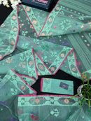 Bright Teal Blue dhakai Jamdani saree with pink border all over work soft count.