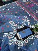 Dusty blue jamdani saree with pink white blue green work and white paar.