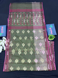 Dual Shaded Original Handloom Halfsilk Dhakai Jamdani Saree With Pink Olive Threads Work