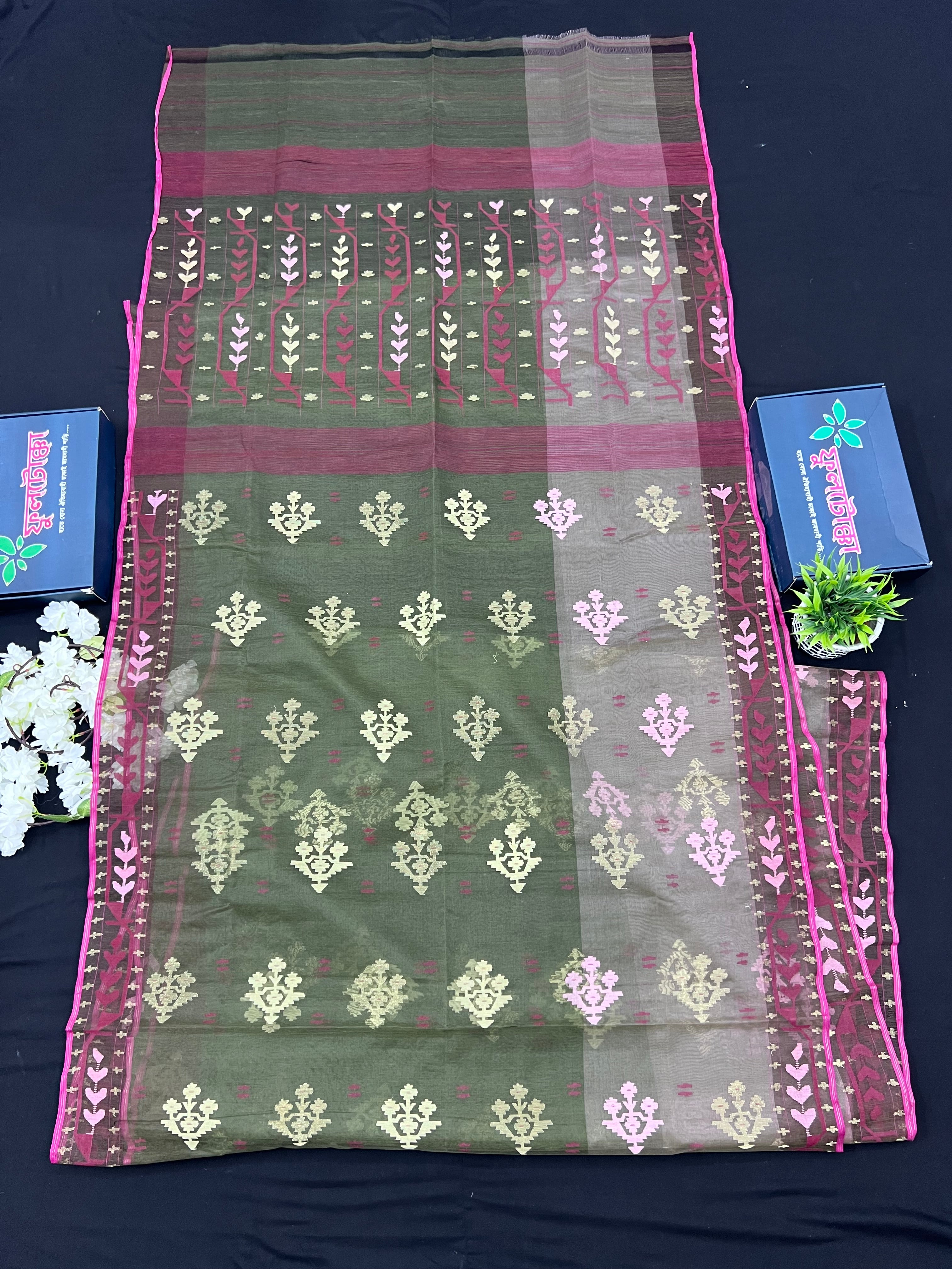 Dual Shaded Original Handloom Halfsilk Dhakai Jamdani Saree With Pink Olive Threads Work