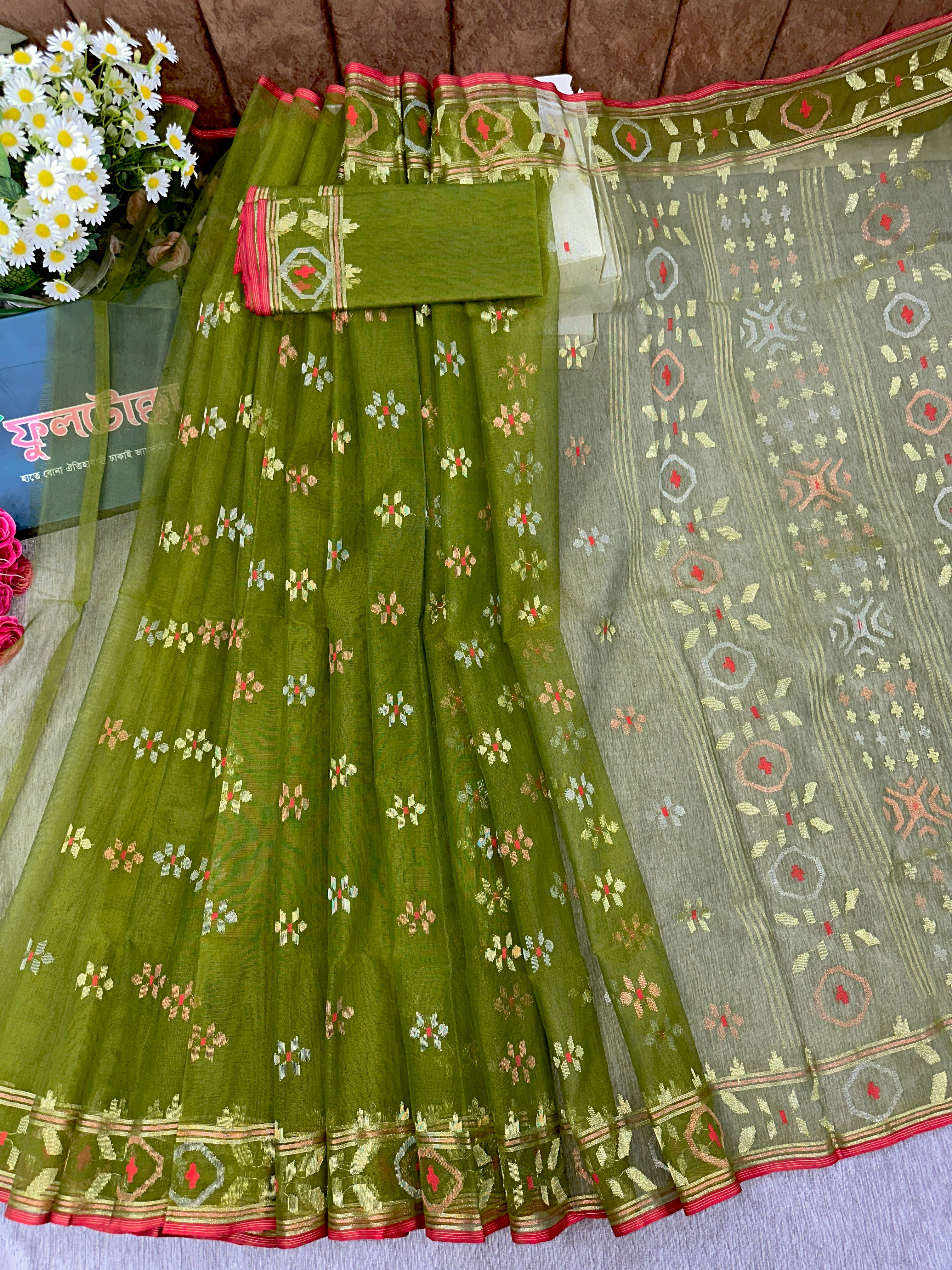 Olive green halfsilk handloom jamdani saree with golden silver & copper jori work