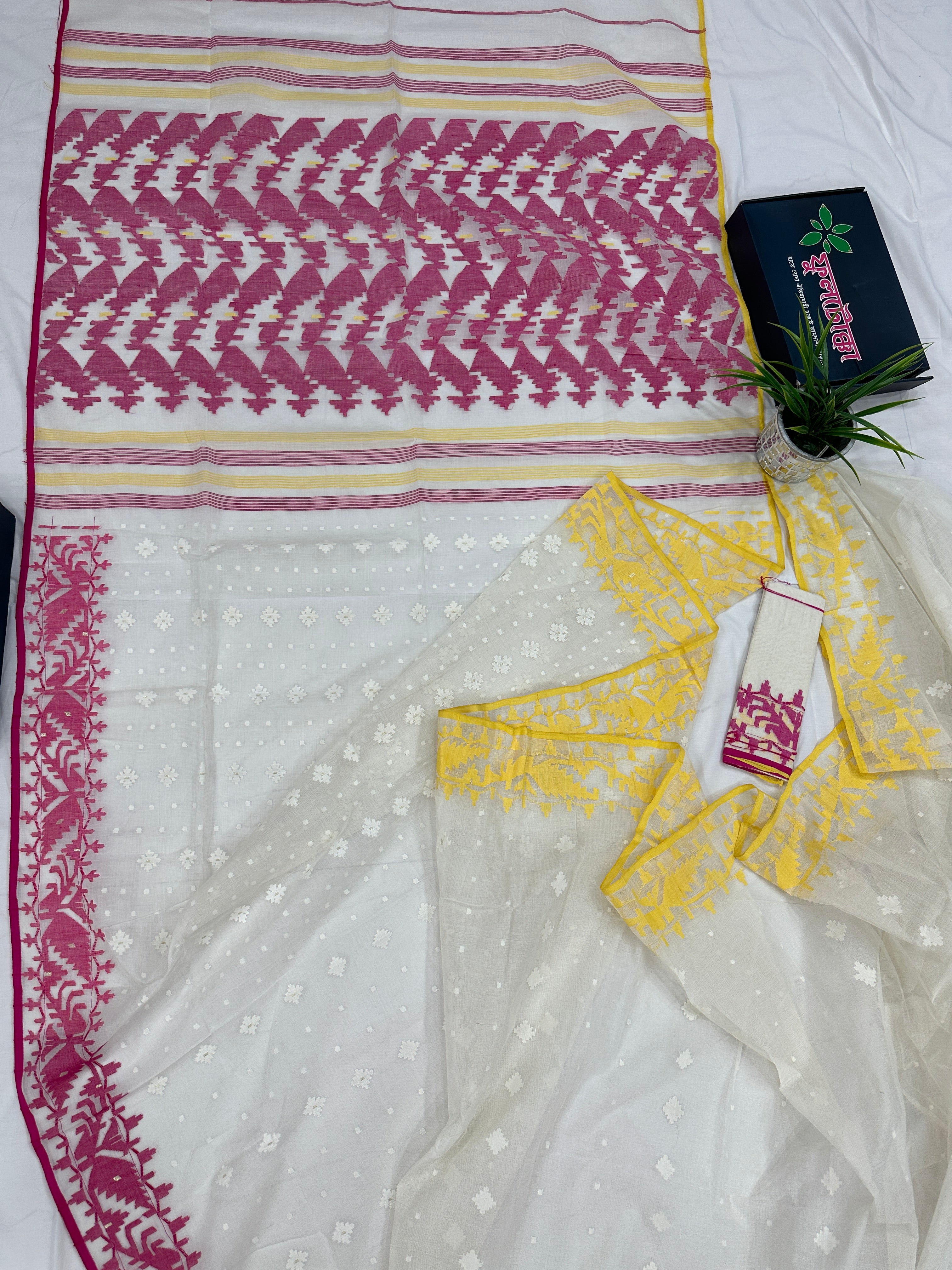 White cotton gonga jamuna design jamdani saree with pink & yellow threads work.