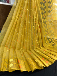Yellow halfsilk jamdani saree with yellow orange threads work