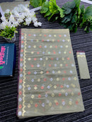 Olive halfsilk jamdani saree with golden silver & copper jori work