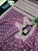 Onion cotton jamdani saree with yellowish threads work all over work.
