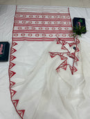 White Jamdani Saree With Red Paar.