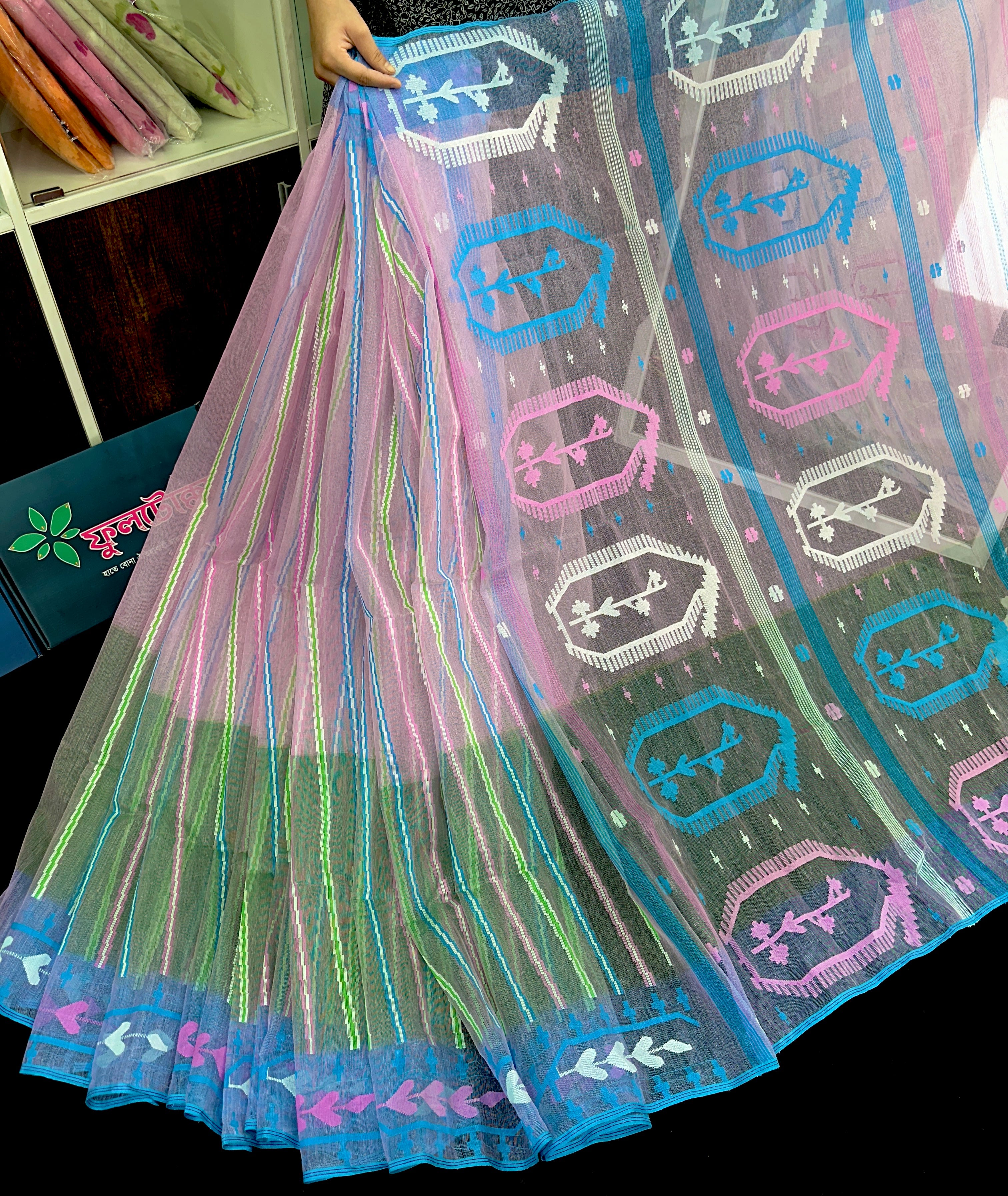 Green with pink Tripple shaded halfsilk jamdani sari with blouse piece.