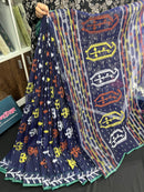 Deep blue halfsilk jamdani saree with orange yellow white threads work