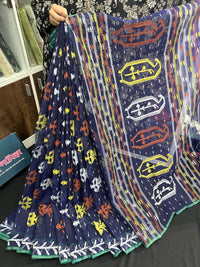 Deep blue halfsilk jamdani saree with orange yellow white threads work