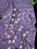 Lavender Jamdani Saree With White Pink Lavender Threads Work.