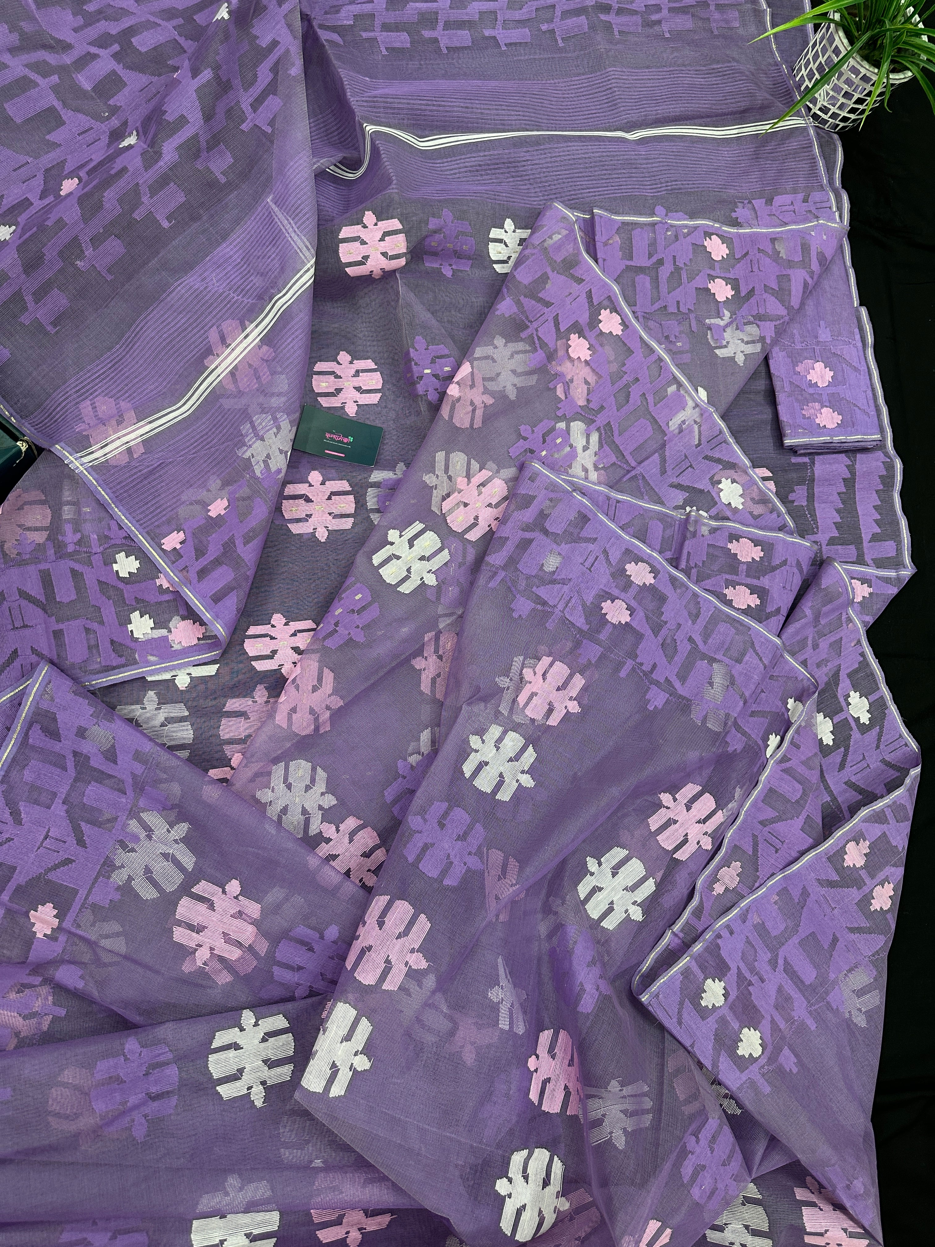 Lavender Jamdani Saree With White Pink Lavender Threads Work.
