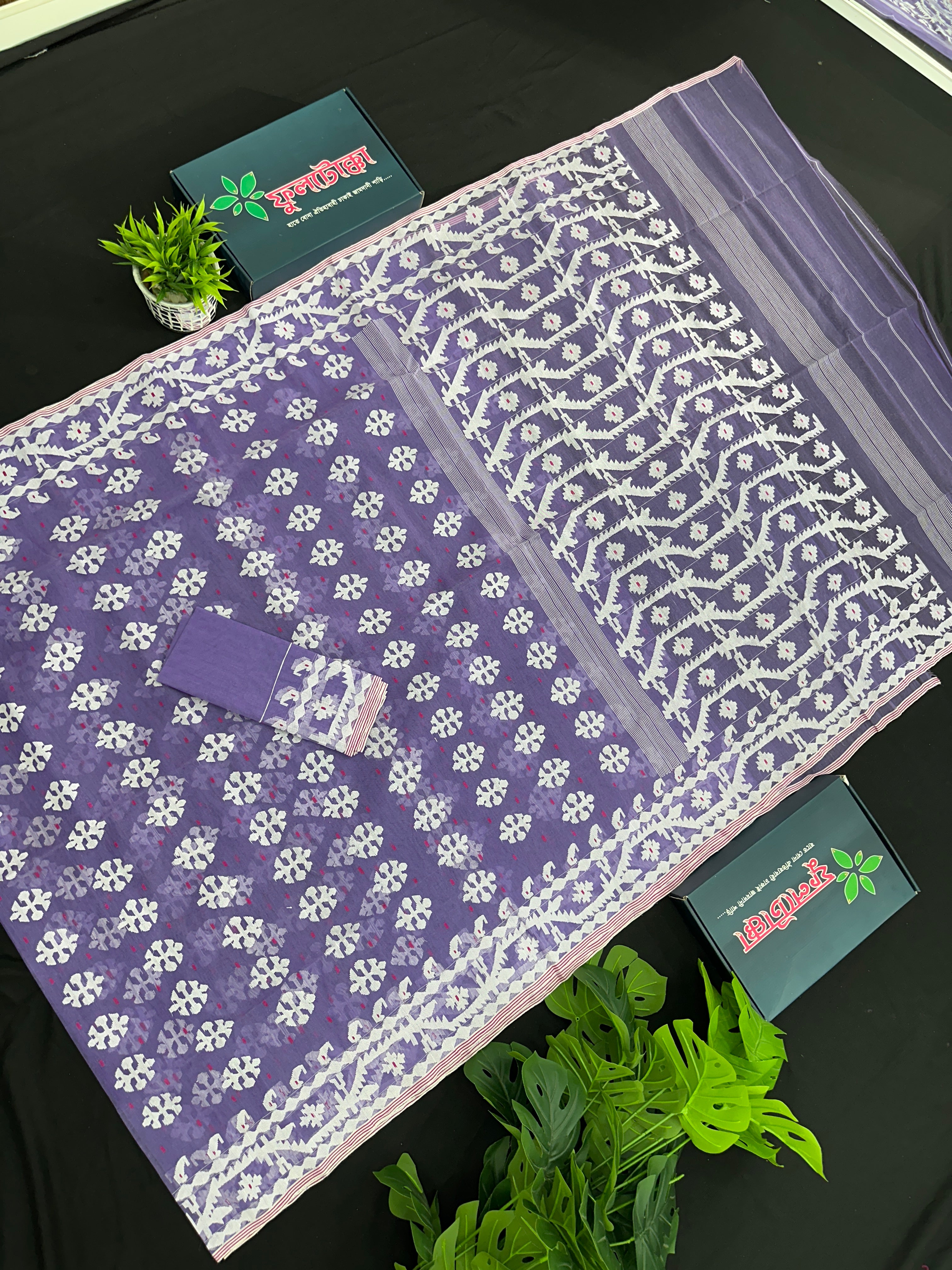 Lavendar halfsilk jamdani saree with white threads work and magenta meena work