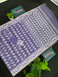 Lavendar halfsilk jamdani saree with white threads work and magenta meena work