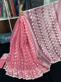 Pink cotton jamdani saree with white threads work and blouse piece