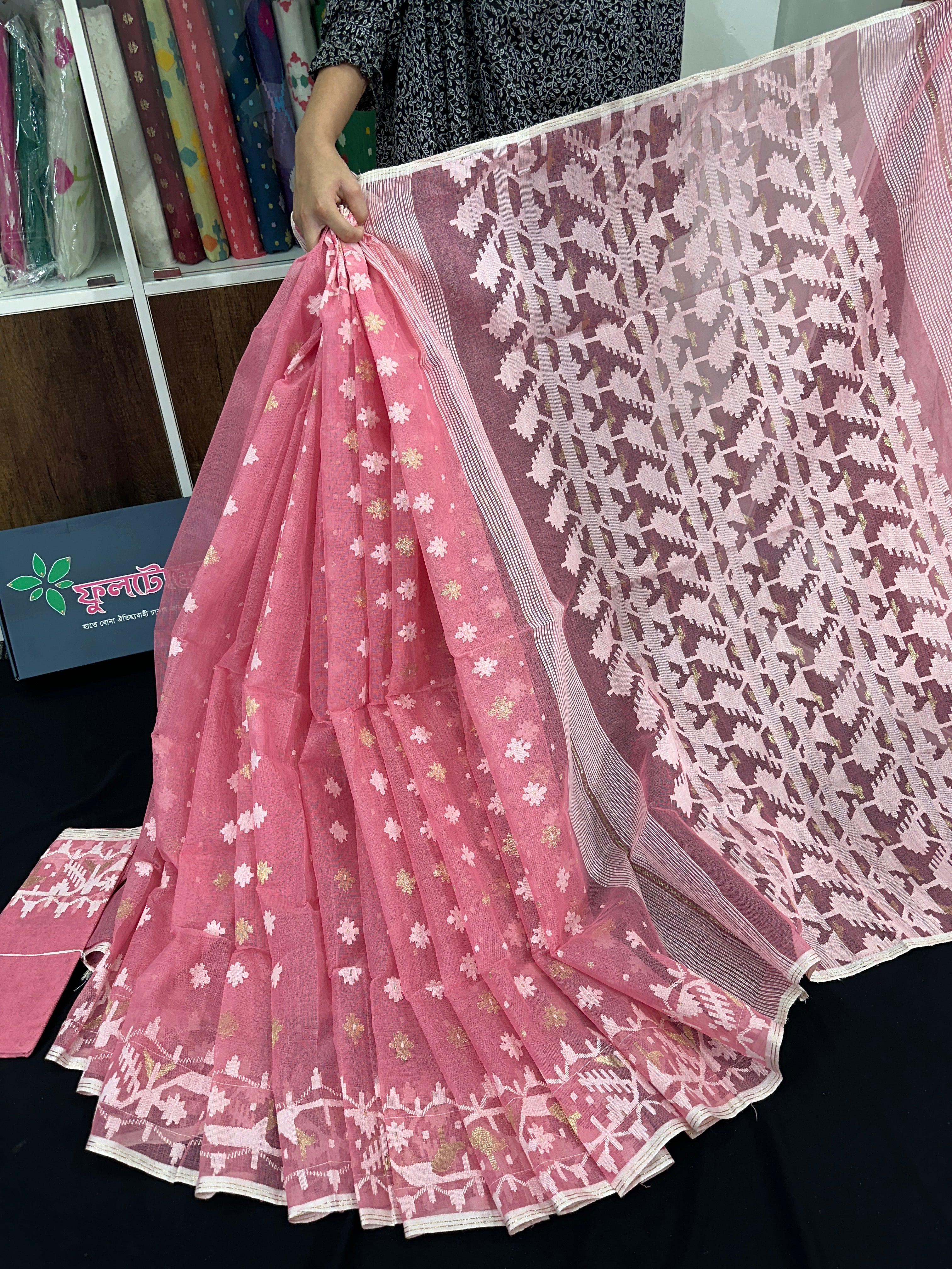 Pink cotton jamdani saree with white threads work and blouse piece