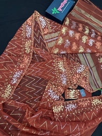 Brown reshom halfsilk jamdani saree with golden silver & copper jori work.