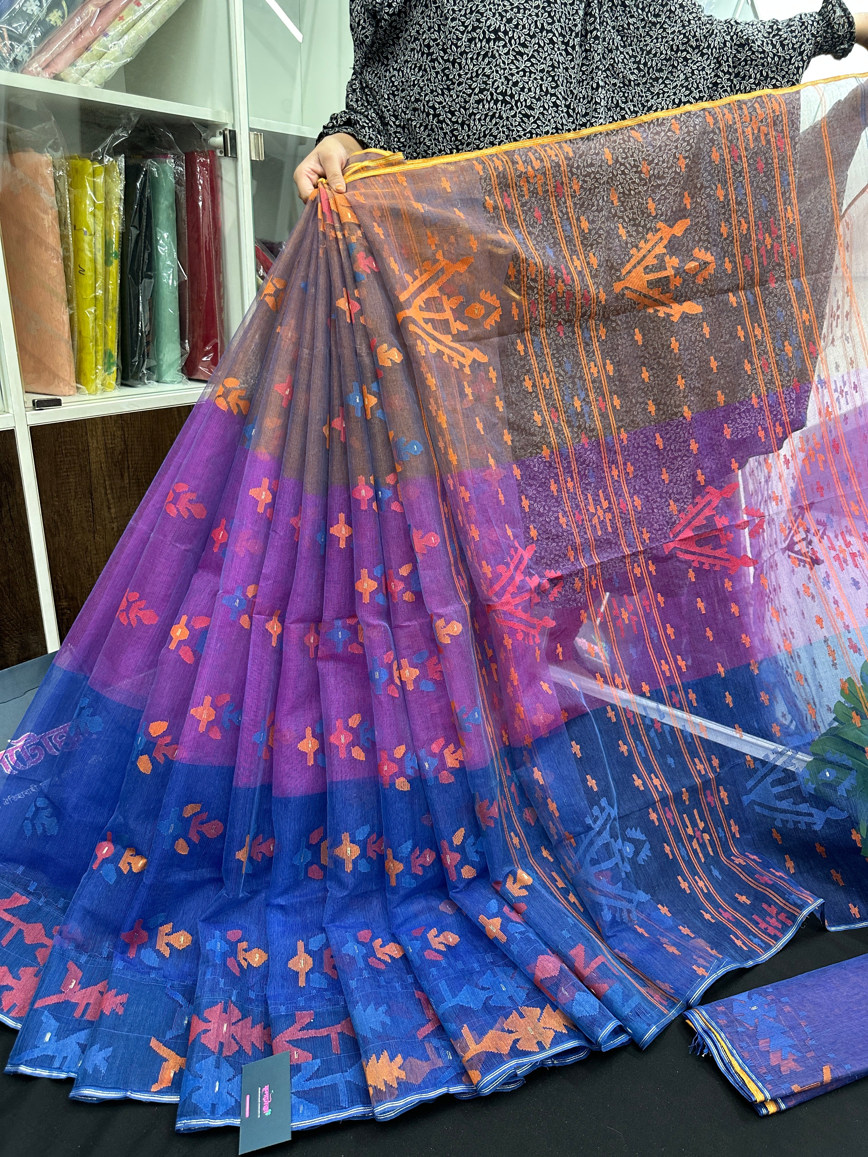Tripple Shaded Original Handloom Halfsilk Dhakai Jamdani Saree With Multiple Threads Work