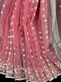 Pink cotton jamdani saree with white threads work and blouse piece
