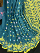 Sea green cotton jamdani saree with yellow pink blue threads work