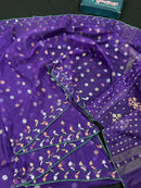 Purple halfsilk jamdani saree golden silver & copper jori work all over soft count.