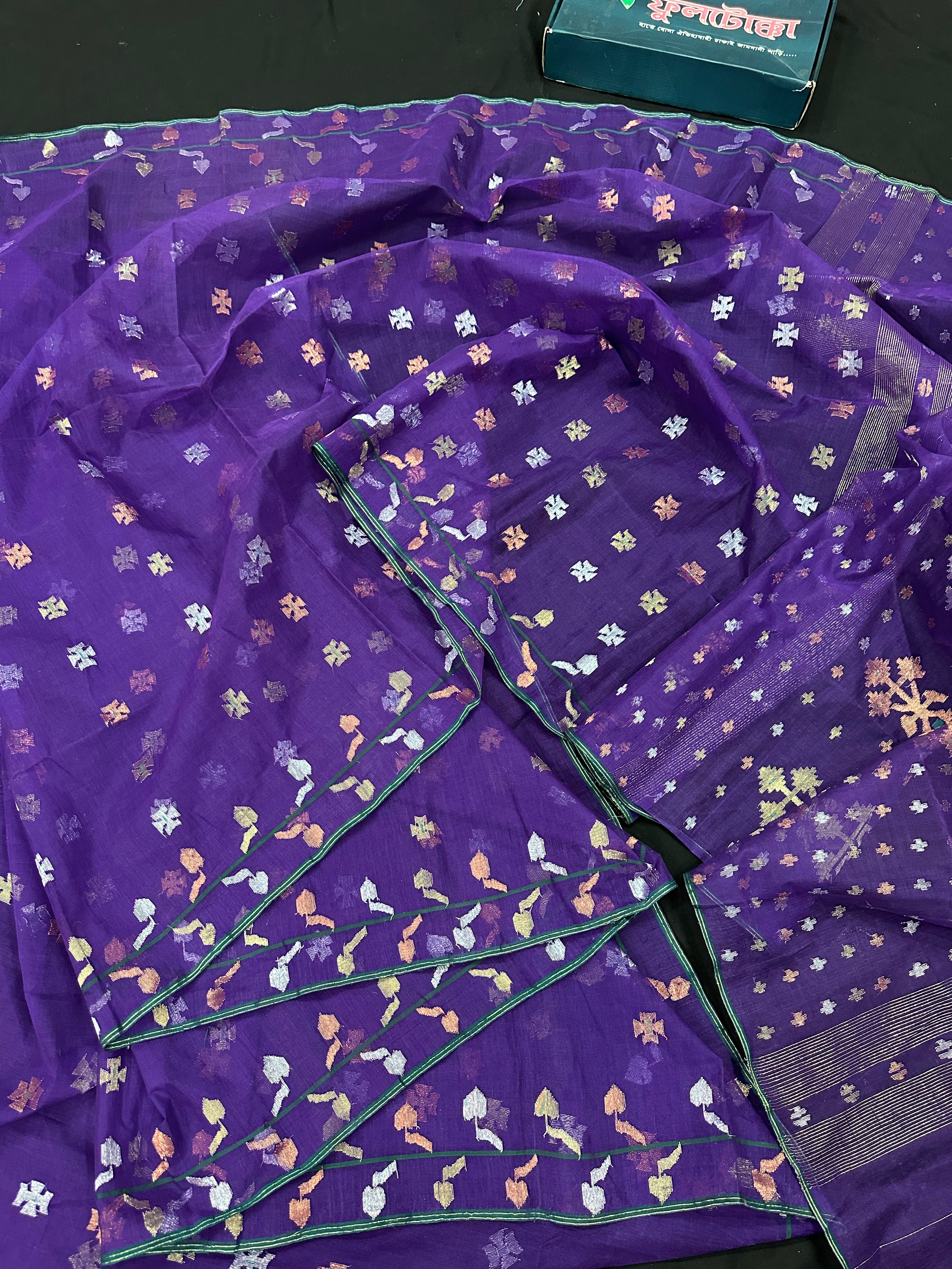 Purple halfsilk jamdani saree golden silver & copper jori work all over soft count.