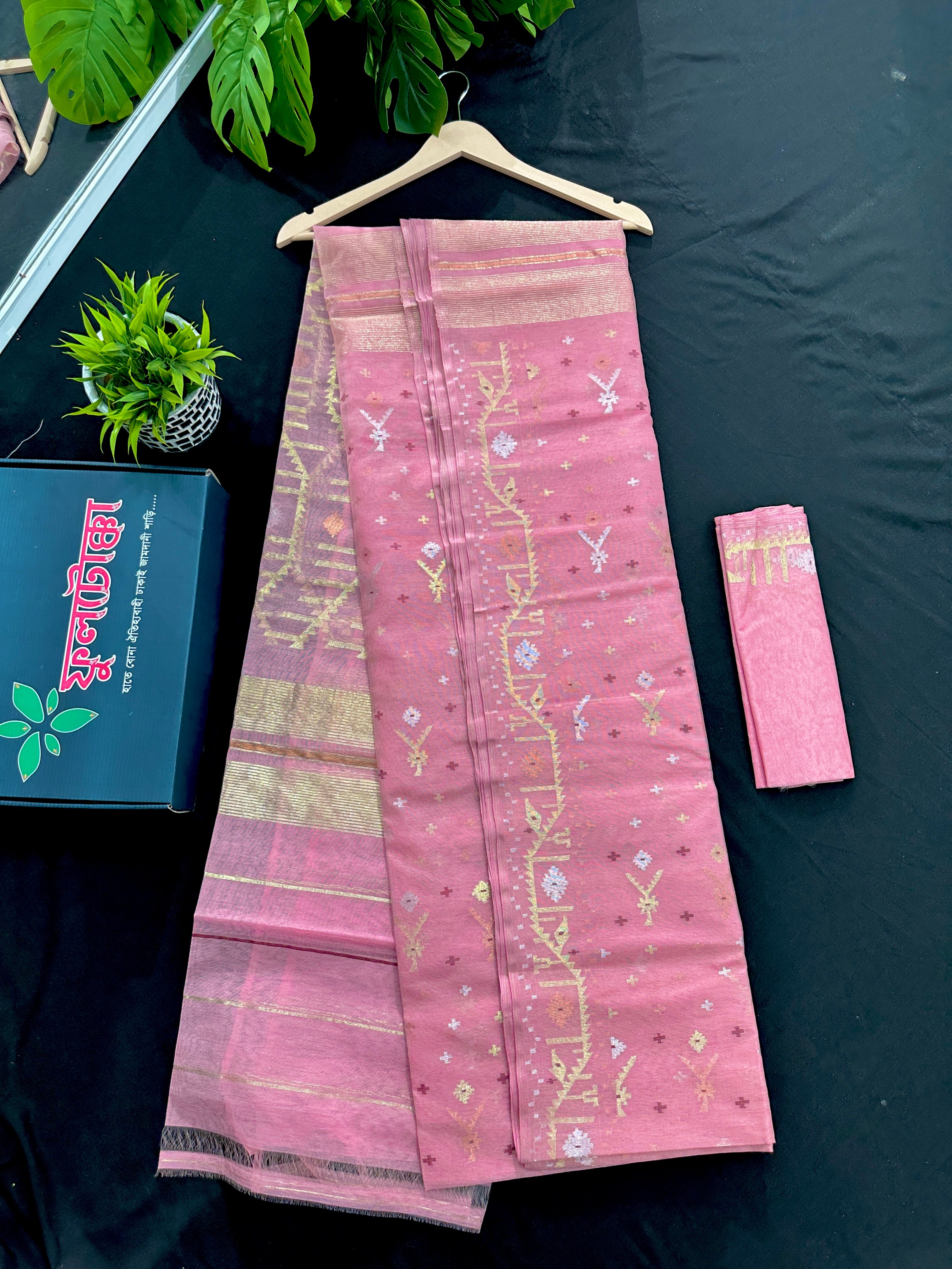 Nion pink halfsilk jamdani saree with golden silver jori work and pink threads work