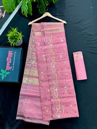 Nion pink halfsilk jamdani saree with golden silver jori work and pink threads work