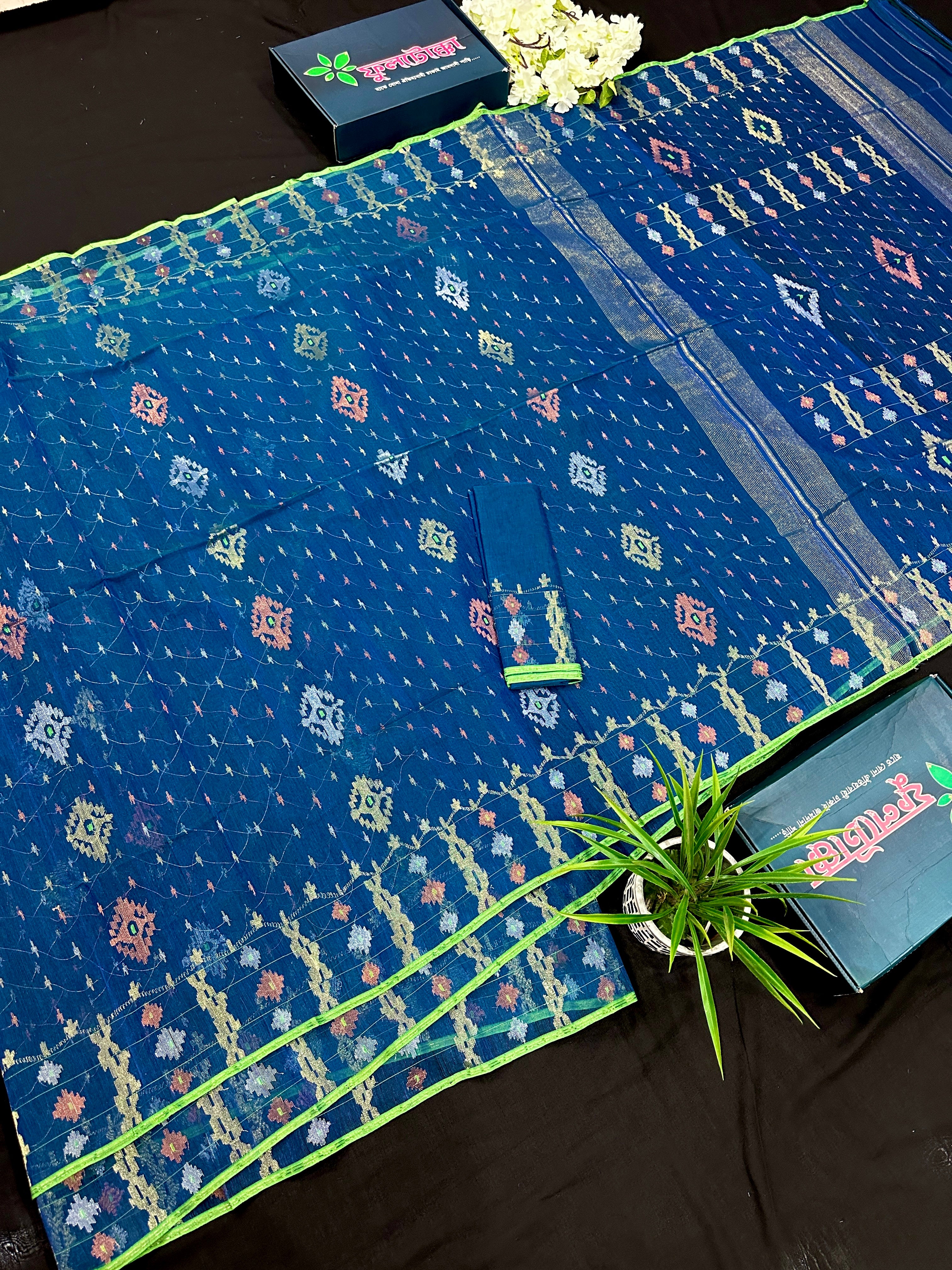Sea blue dhakai jamdani saree with golden silver & copper jori work soft count.