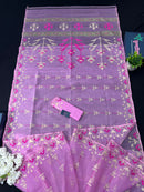 Lux Pink Original Handloom Hslfsilk Dhakai Jamdani Saree With Golden Jori Work and Magenta Threads Work