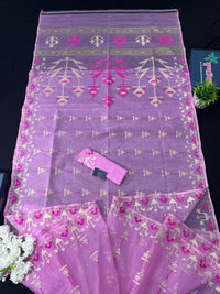 Lux Pink Original Handloom Hslfsilk Dhakai Jamdani Saree With Golden Jori Work and Magenta Threads Work