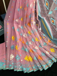 Pink jamdani saree with blue yellow white orange threads work