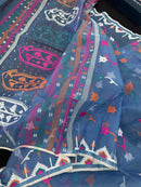 Dusty blue jamdani saree with pink white blue green work and white paar.