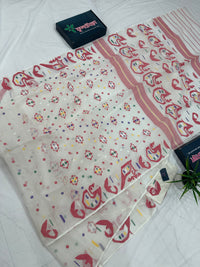 White cotton jamdani saree with multiple colour threads work and blouse piece.