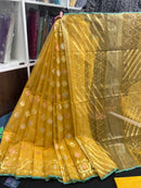 Yellow Original Handloom Dhakai Jamdani With Golden Silver & Copper Jori Work