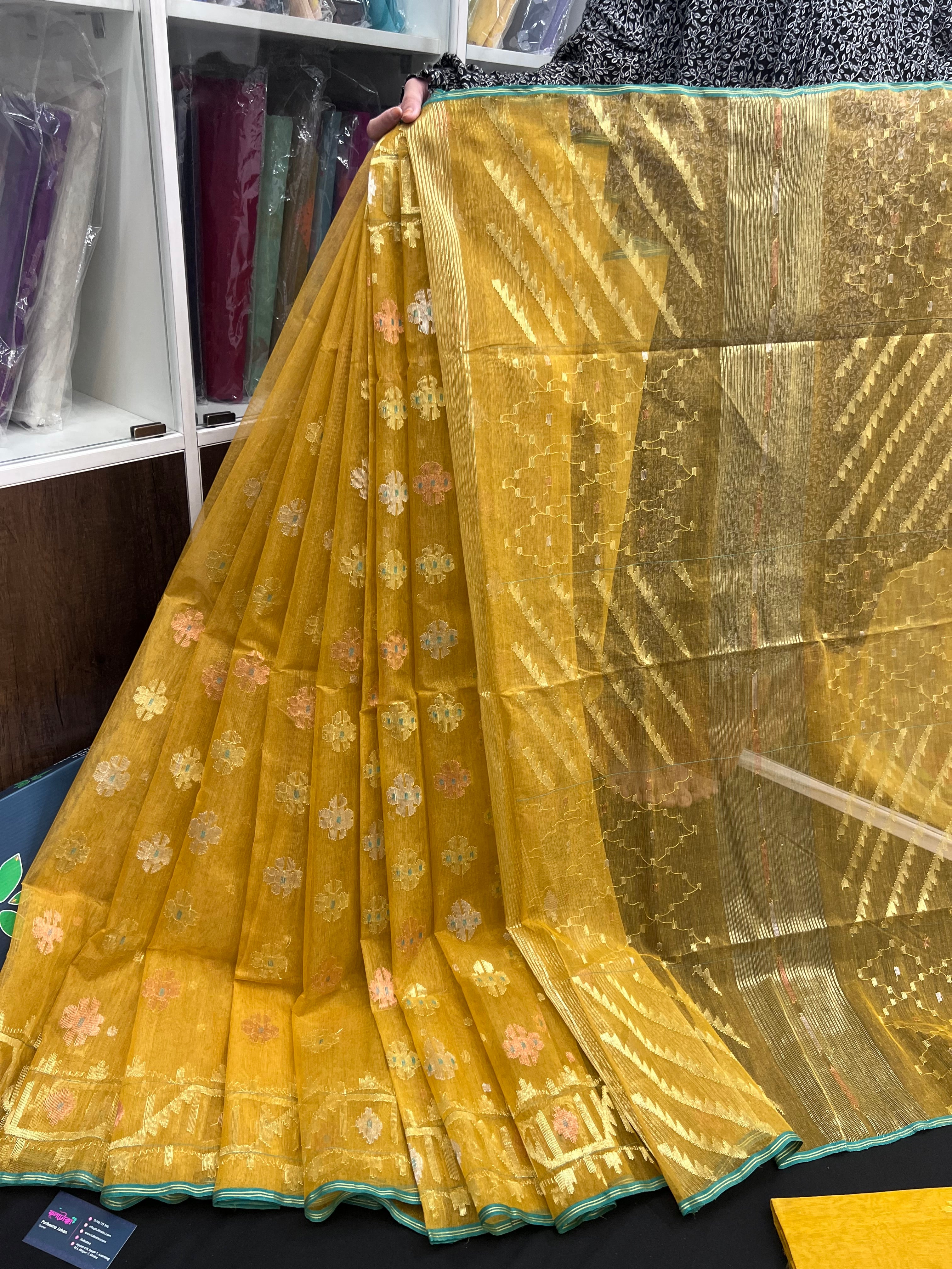 Yellow Original Handloom Dhakai Jamdani With Golden Silver & Copper Jori Work