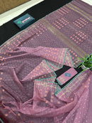 Onion colour jamdani saree with pink meena and green border.