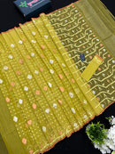 Yellowish Olive Original Handloom Halfsilk Dhakai Jamdani Saree With Golden Silver & Copper Jori Work