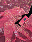 Peach pink jamdani saree with golden silver & copper jori work.