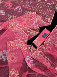 Peach pink jamdani saree with golden silver & copper jori work.