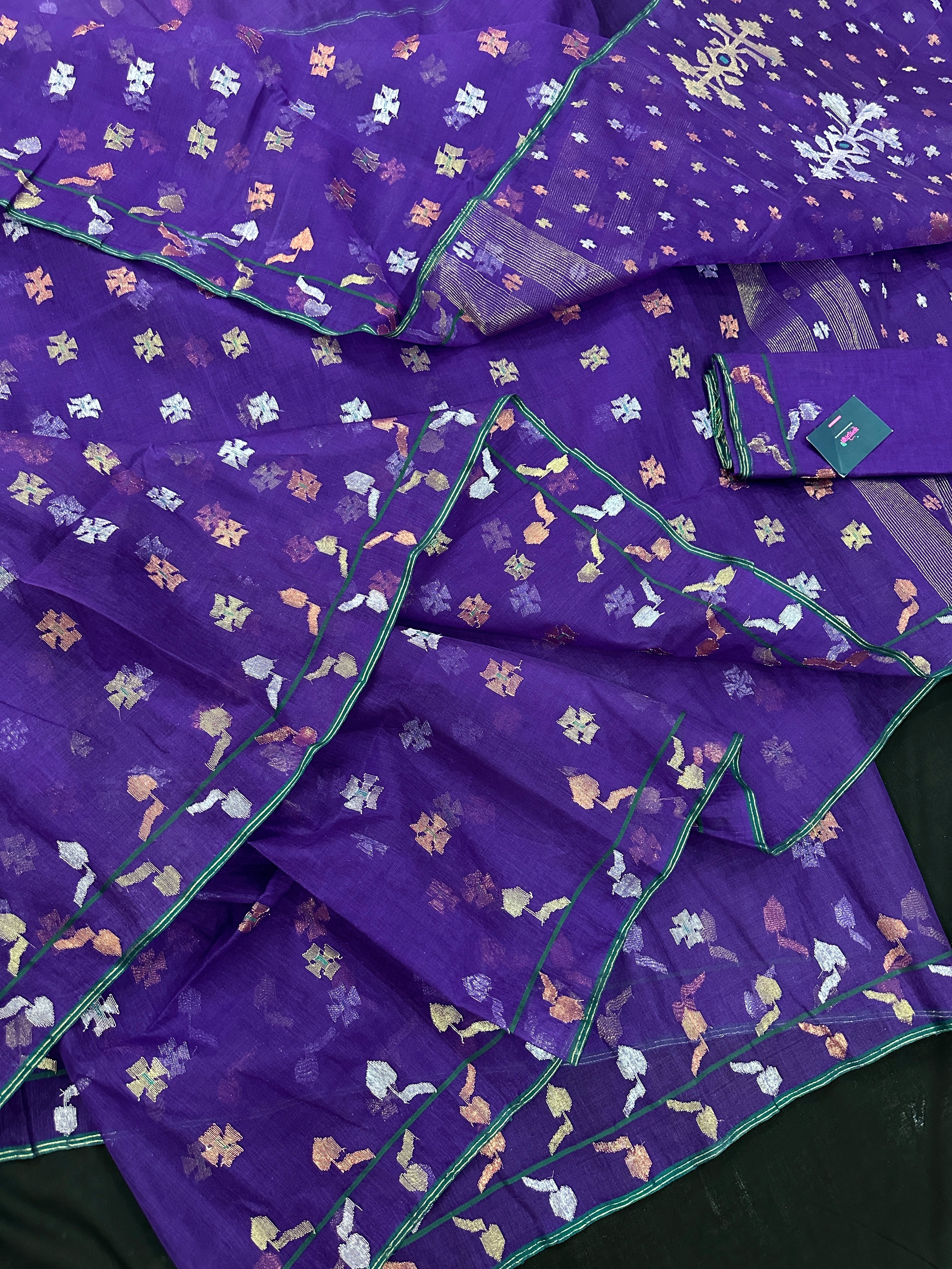 Purple halfsilk jamdani saree golden silver & copper jori work all over soft count.