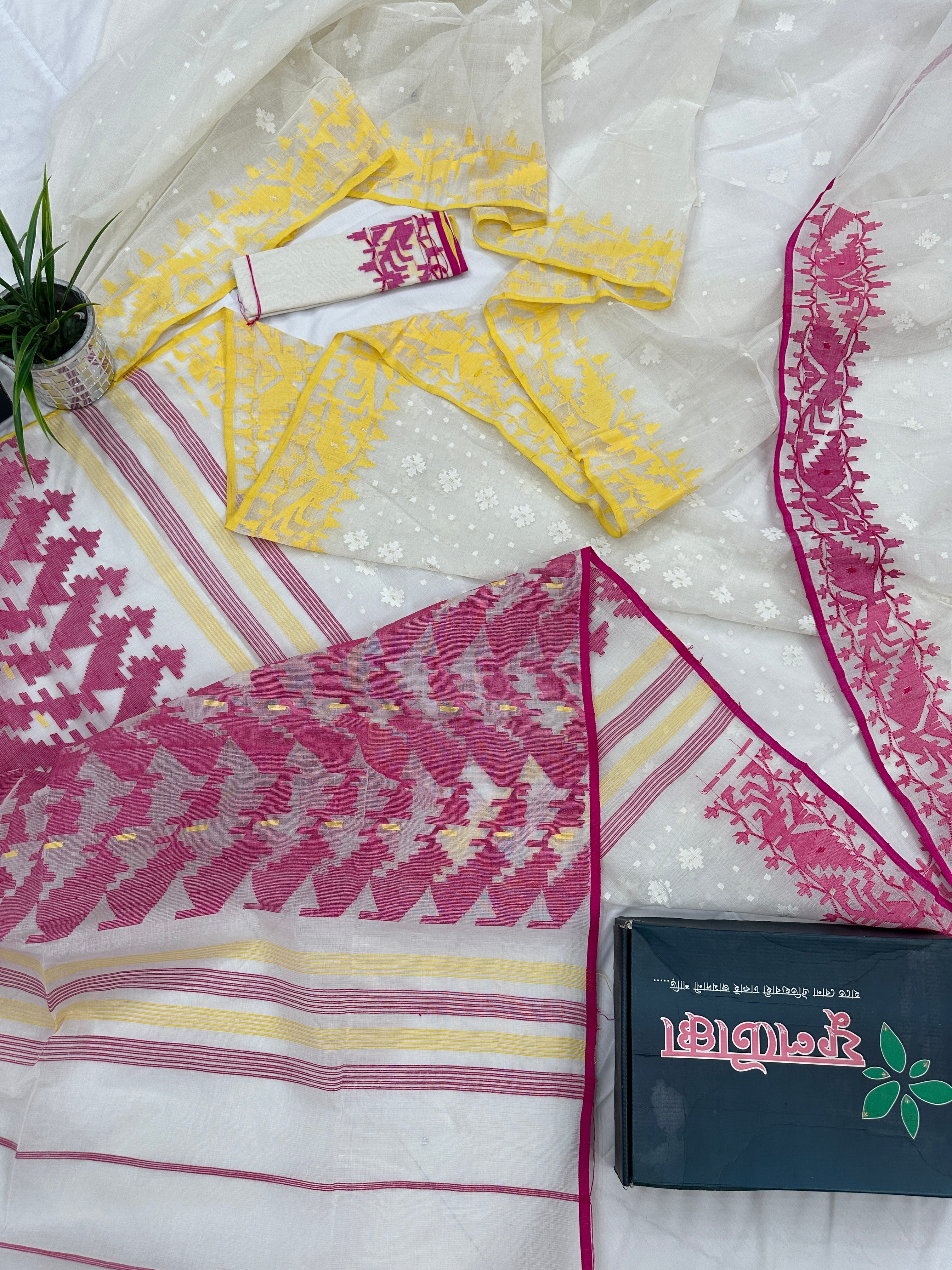 White cotton gonga jamuna design jamdani saree with pink & yellow threads work.