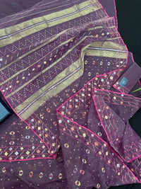 Deep bitrut dual toned jamdani saree with golden silver & copper jori work.
