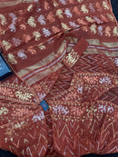 Brown reshom halfsilk jamdani saree with golden silver & copper jori work.