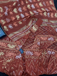 Brown reshom halfsilk jamdani saree with golden silver & copper jori work.