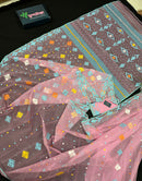Pink jamdani saree with blue white yellow orange threads work and blouse piece.