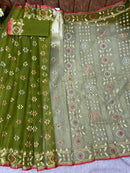 Olive green halfsilk handloom jamdani saree with golden silver & copper jori work
